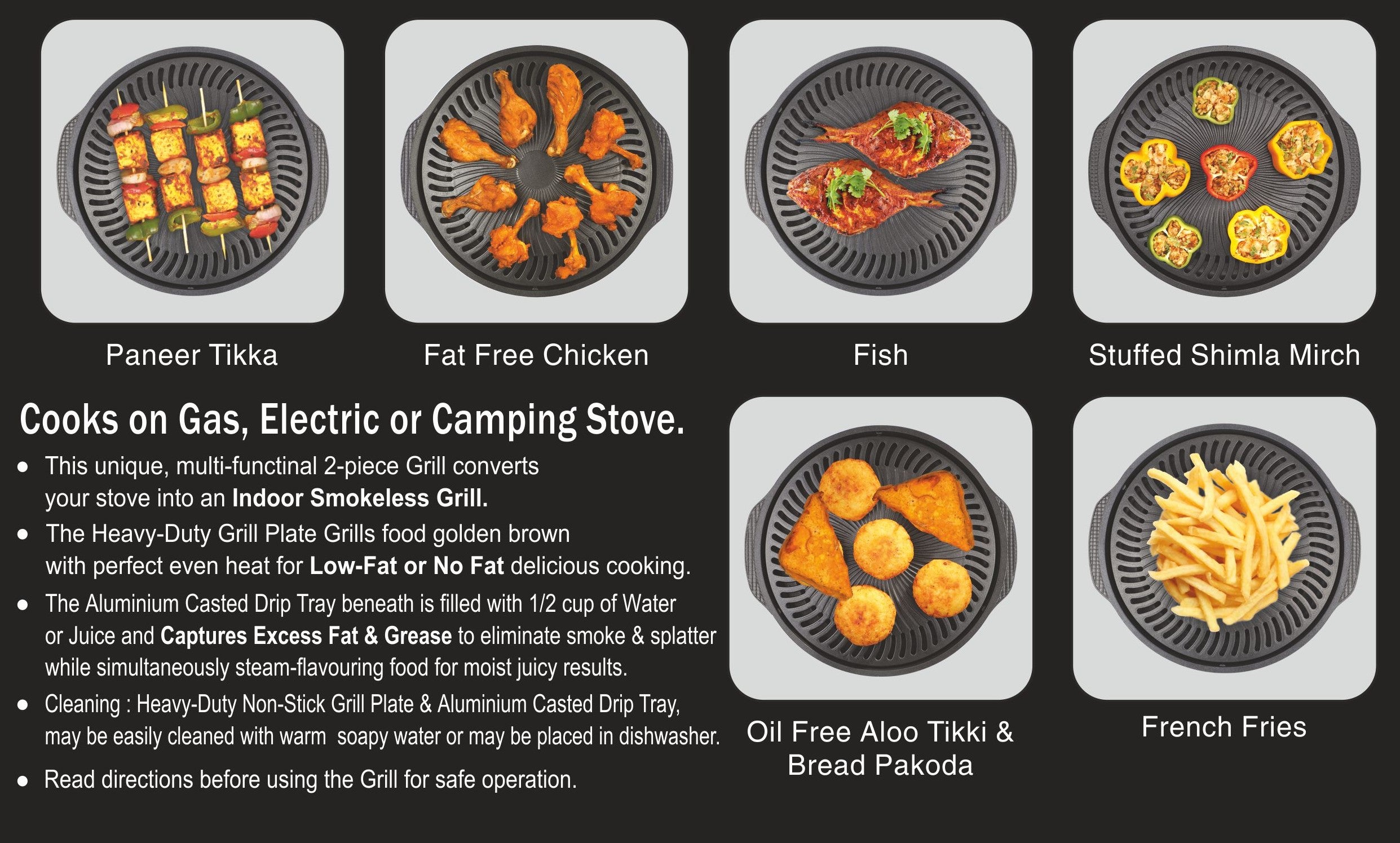 Gas O Grill Aluminum BBQs Full Non-Stick Smokeless Indoor Tandoor JUMBO 14 Inches