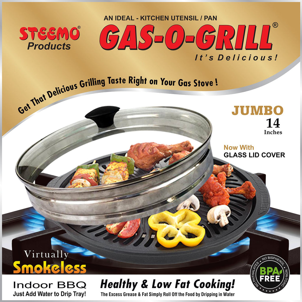 Gas O Grill Full Non-Stick JUMBO WITH GLASS LID 14 Inches Model