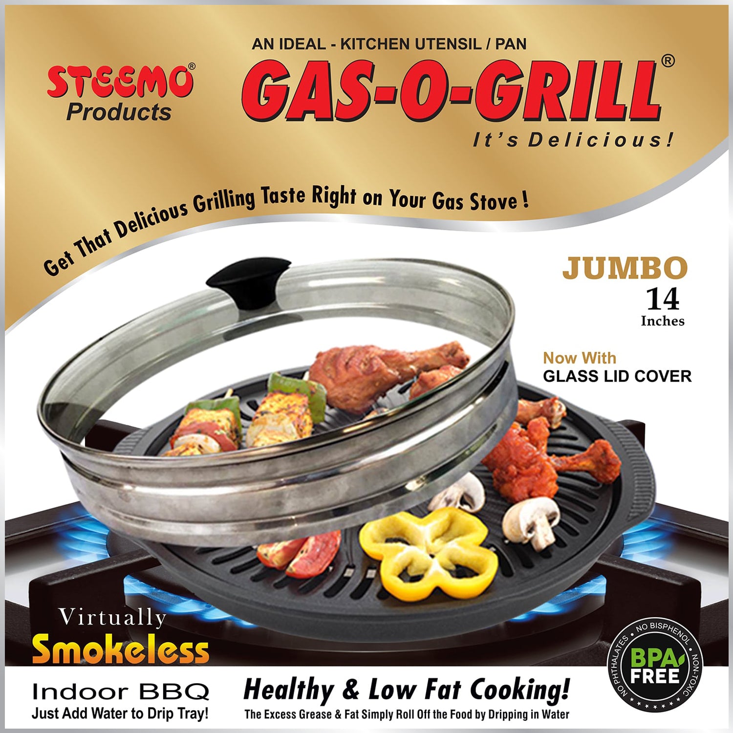 Gas O Grill Full Non-Stick JUMBO WITH GLASS LID 14 Inches Model