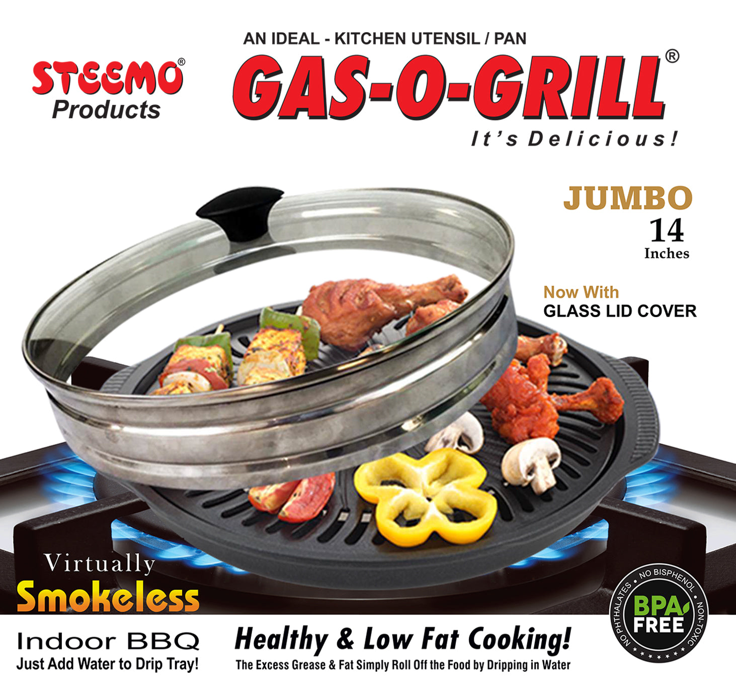 Gas O Grill Full Non-Stick JUMBO WITH GLASS LID 14 Inches Model